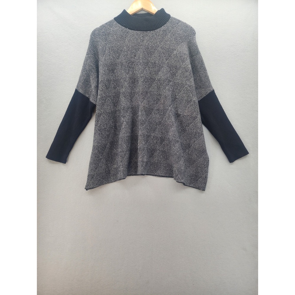 Joseph A Womens Mock Neck Geometric Diamond Knit Poncho Sweater Black Gray Large